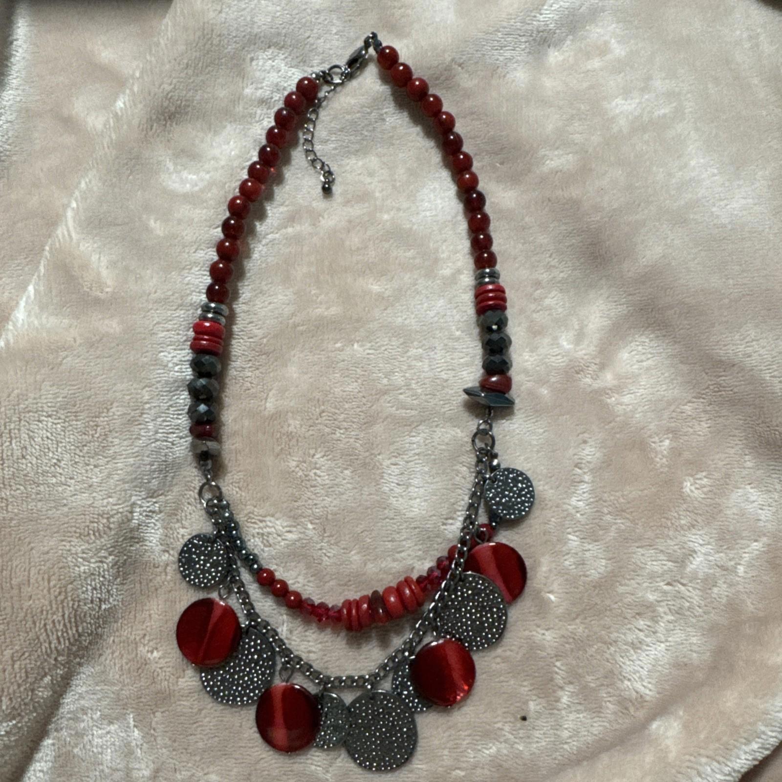 Vintage Red And Silver Tone Beaded Statement Necklace J12